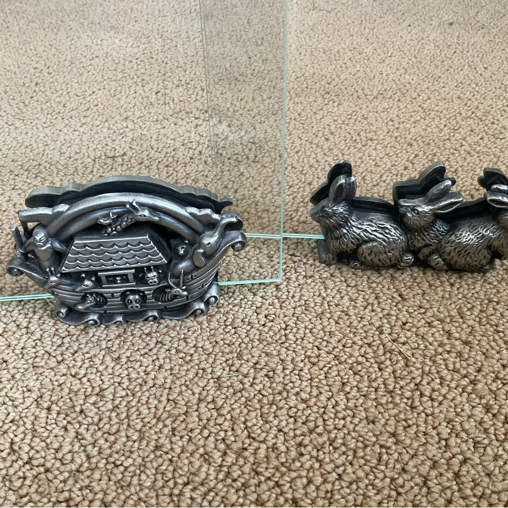 Style of Arthur Court, 2 pewter & beveled glass: Bunnies & The Ark photo frames.
